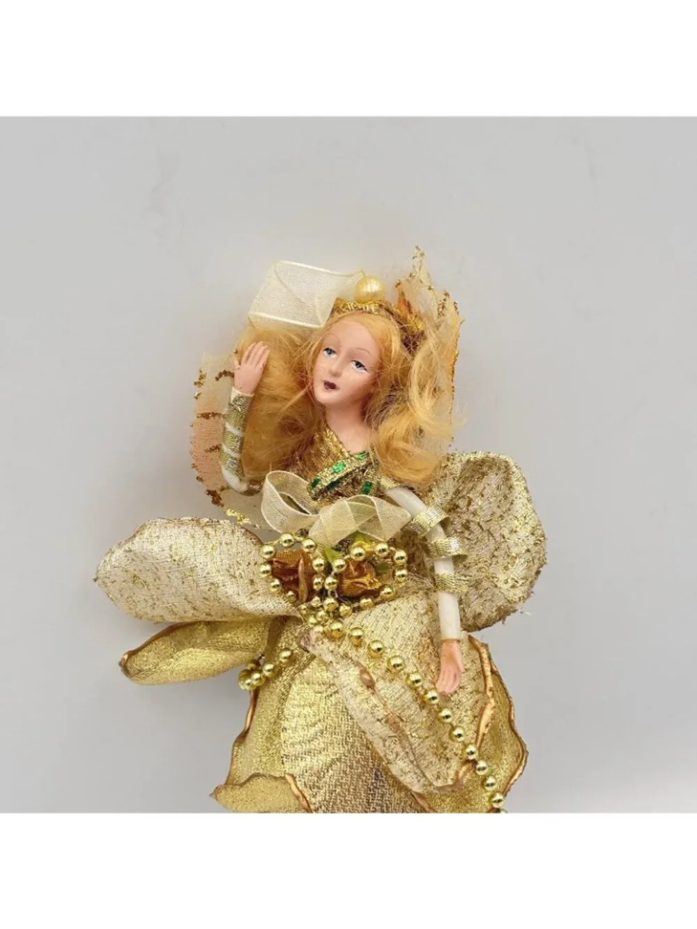 Vintage Porcelain Fairy Lady Gold Green Christmas Ornament Pearls Beads 8 in